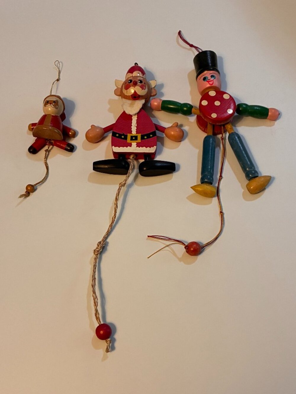 Trio of Vintage Wooden pull-string Marionette Christmas Ornaments